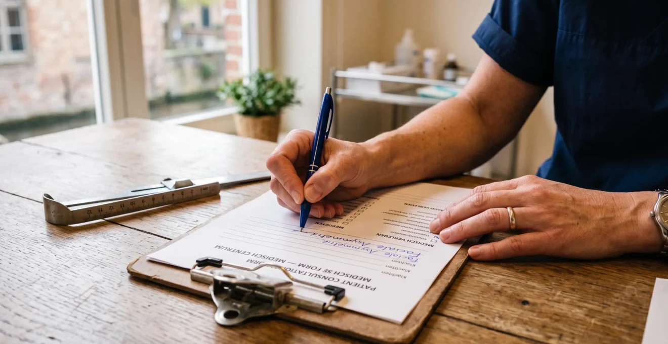 Een chirurg noteert de medische anamnese op een formulier tijdens het eerste consult.